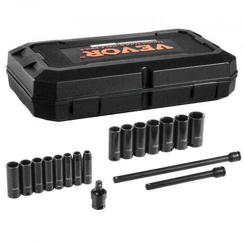 Impact Sockets Set 18pcs 6-Point 3/8" Drive Bit Ratchet Tool Kit Case