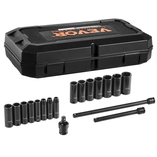 Impact Sockets Set 18st 6-Points 3/8" Drive Bit Ratchet Tool Kit Case