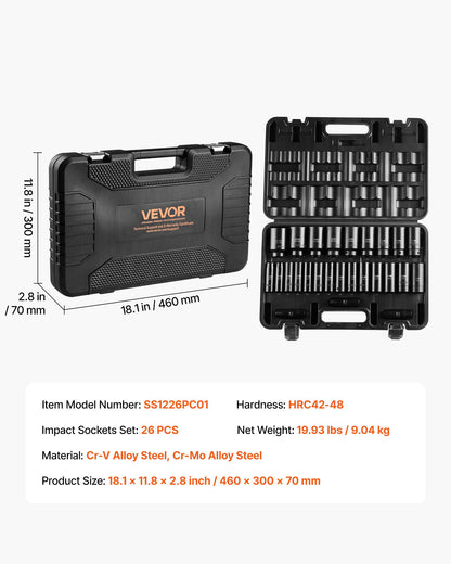 Drive Impact Socket Set 1/2" - 26 Piece Deep Socket Set Metric 11-36 mm, 6 Point CR-V & Cr-Mo Alloy Steel for Auto Repair - Easy-to-Read Size Markings, Rugged Sockets Organizer, Storage Case