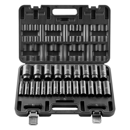 Drive Impact Socket Set 1/2" - 26 Piece Deep Socket Set Metric 11-36 mm, 6 Point CR-V & Cr-Mo Alloy Steel for Auto Repair - Easy-to-Read Size Markings, Rugged Sockets Organizer, Storage Case