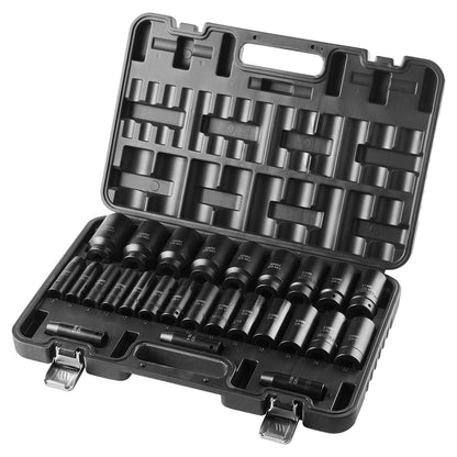 Drive Impact Socket Set 1/2" - 26 Piece Deep Socket Set Metric 11-36 mm, 6 Point CR-V & Cr-Mo Alloy Steel for Auto Repair - Easy-to-Read Size Markings, Rugged Sockets Organizer, Storage Case