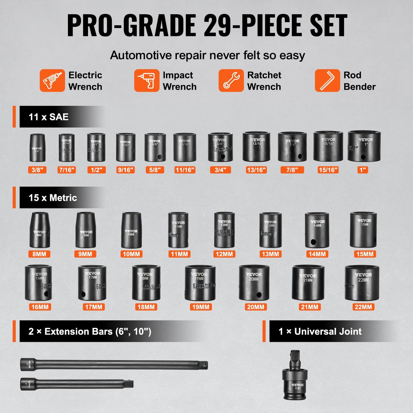 Impact Sockets Set 29st 6-Points 3/8in Drive Bit Ratchet Tool Kit Case