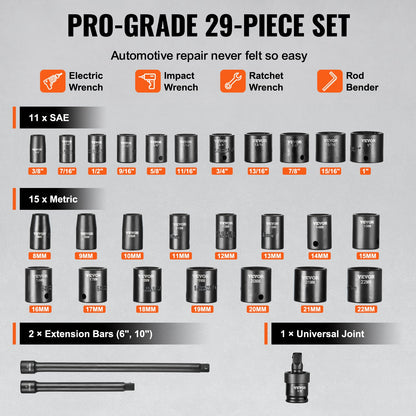 Impact Sockets Set 29st 6-Points 3/8in Drive Bit Ratchet Tool Kit Case