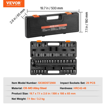 3/8" Drive Impact Socket Set, 29 Piece Shallow Socket Set SAE 3/8"-1" and Metric 8-22mm, 6 Point CR-MO Alloy Steel for Auto Repair, Easy-to-Read Size Markings, Rugged Construction, Storage Case