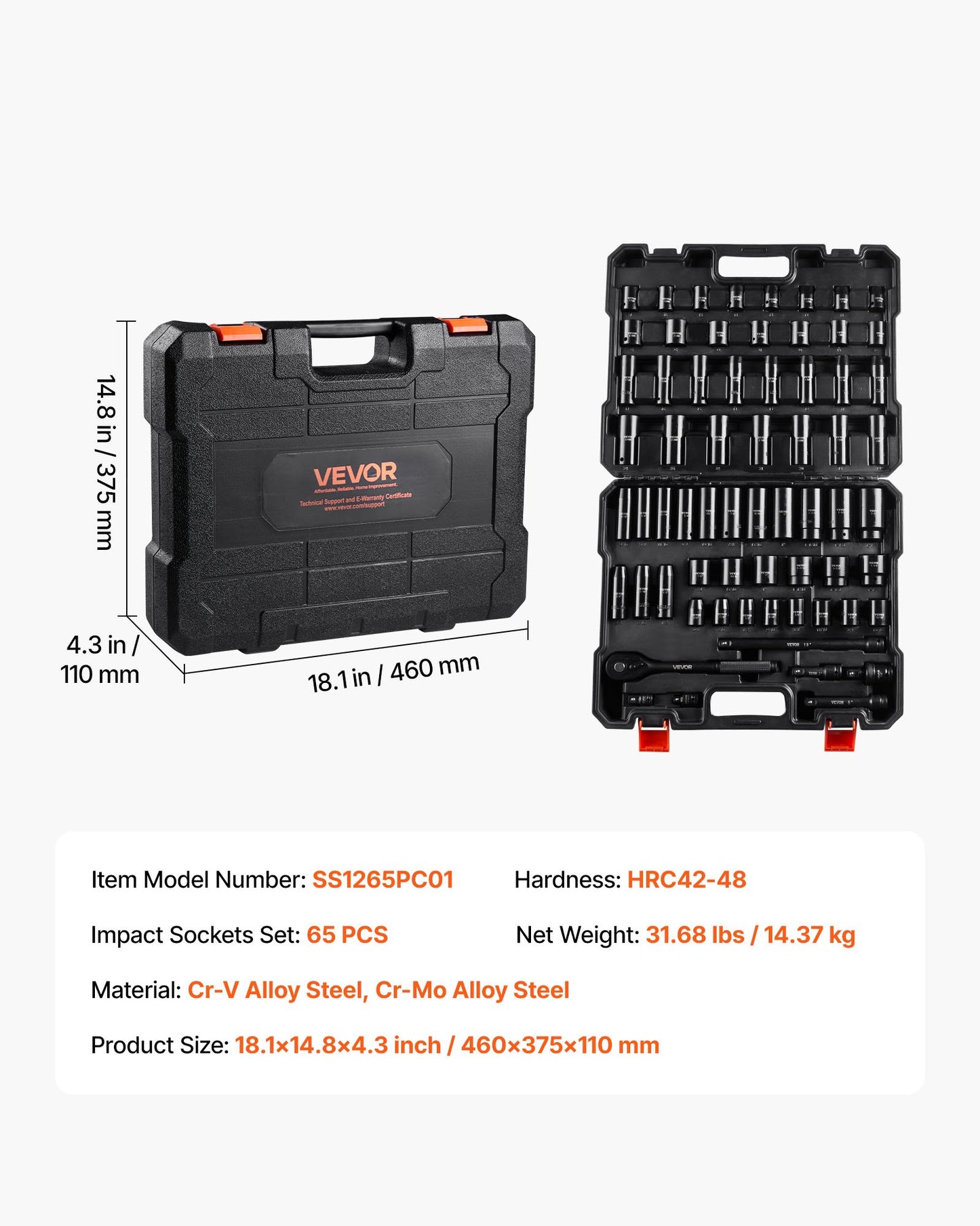 Drive Impact Socket Set 1/2" - 65PCS Deep & Standard Socket Set SAE 3/8" to 1-1/4" and Metric 10-24mm, 6 Point CR-V & Cr-Mo Alloy Steel for Auto Repair - Easy-to-Read Size Markings, Storage Case