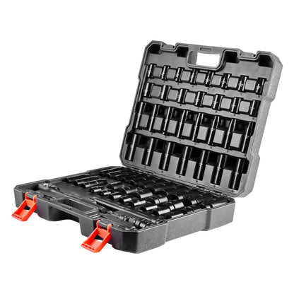 Drive Impact Socket Set 1/2" - 65PCS Deep & Standard Socket Set SAE 3/8" to 1-1/4" and Metric 10-24mm, 6 Point CR-V & Cr-Mo Alloy Steel for Auto Repair - Easy-to-Read Size Markings, Storage Case