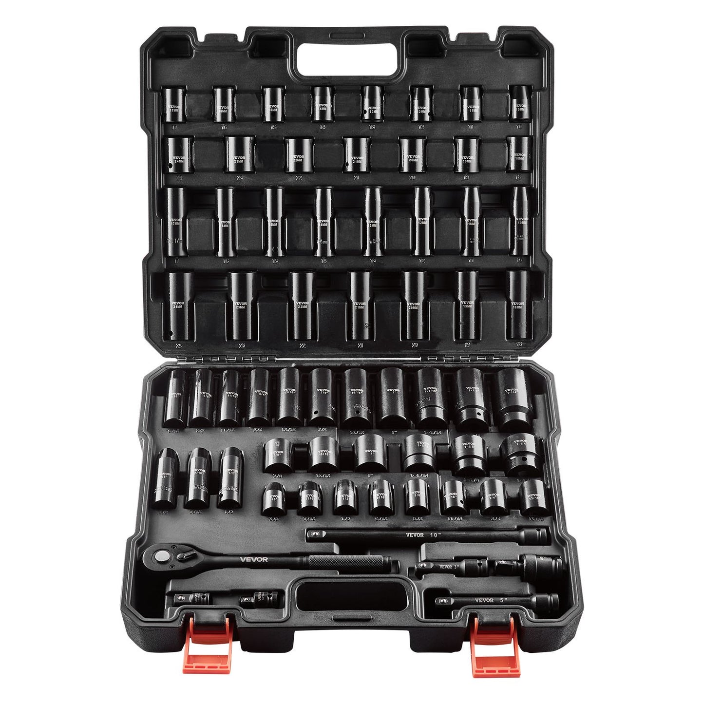 Drive Impact Socket Set 1/2" - 65PCS Deep & Standard Socket Set SAE 3/8" to 1-1/4" and Metric 10-24mm, 6 Point CR-V & Cr-Mo Alloy Steel for Auto Repair - Easy-to-Read Size Markings, Storage Case