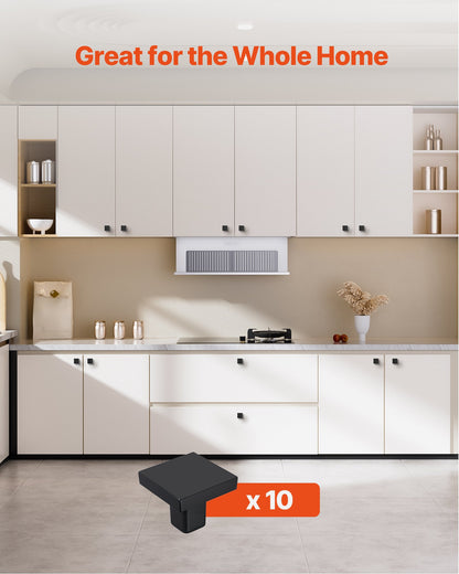 Cabinet Knobs, 10 Pack, 1.18 Inch Black Zinc Alloy Drawer Pulls & Door Handles, Square Kitchen Solid Knobs Dresser Handles, Cupboard Hardware with Screws for Bathroom Closet Cabinets Drawers