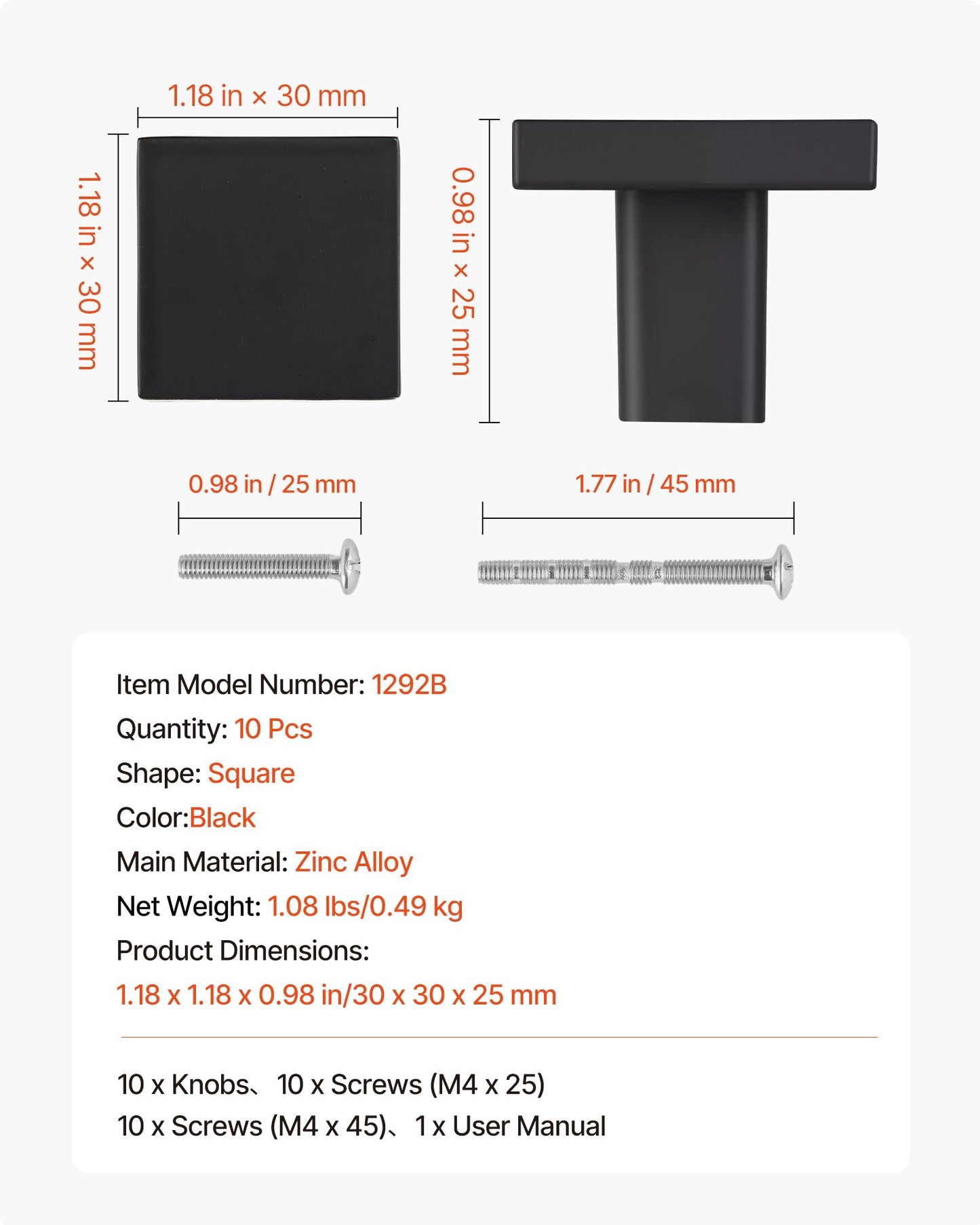 Cabinet Knobs, 10 Pack, 1.18 Inch Black Zinc Alloy Drawer Pulls & Door Handles, Square Kitchen Solid Knobs Dresser Handles, Cupboard Hardware with Screws for Bathroom Closet Cabinets Drawers