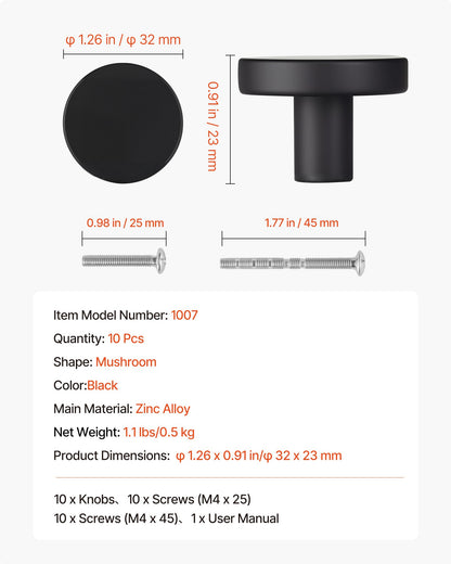 Cabinet Knobs, 10 Pack, 1.26 Inch Black Zinc Alloy Drawer Pulls & Door Handles, Mushroom Kitchen Solid Knobs Dresser Handles, Cupboard Hardware with Screws for Bathroom Closet Cabinets Drawers