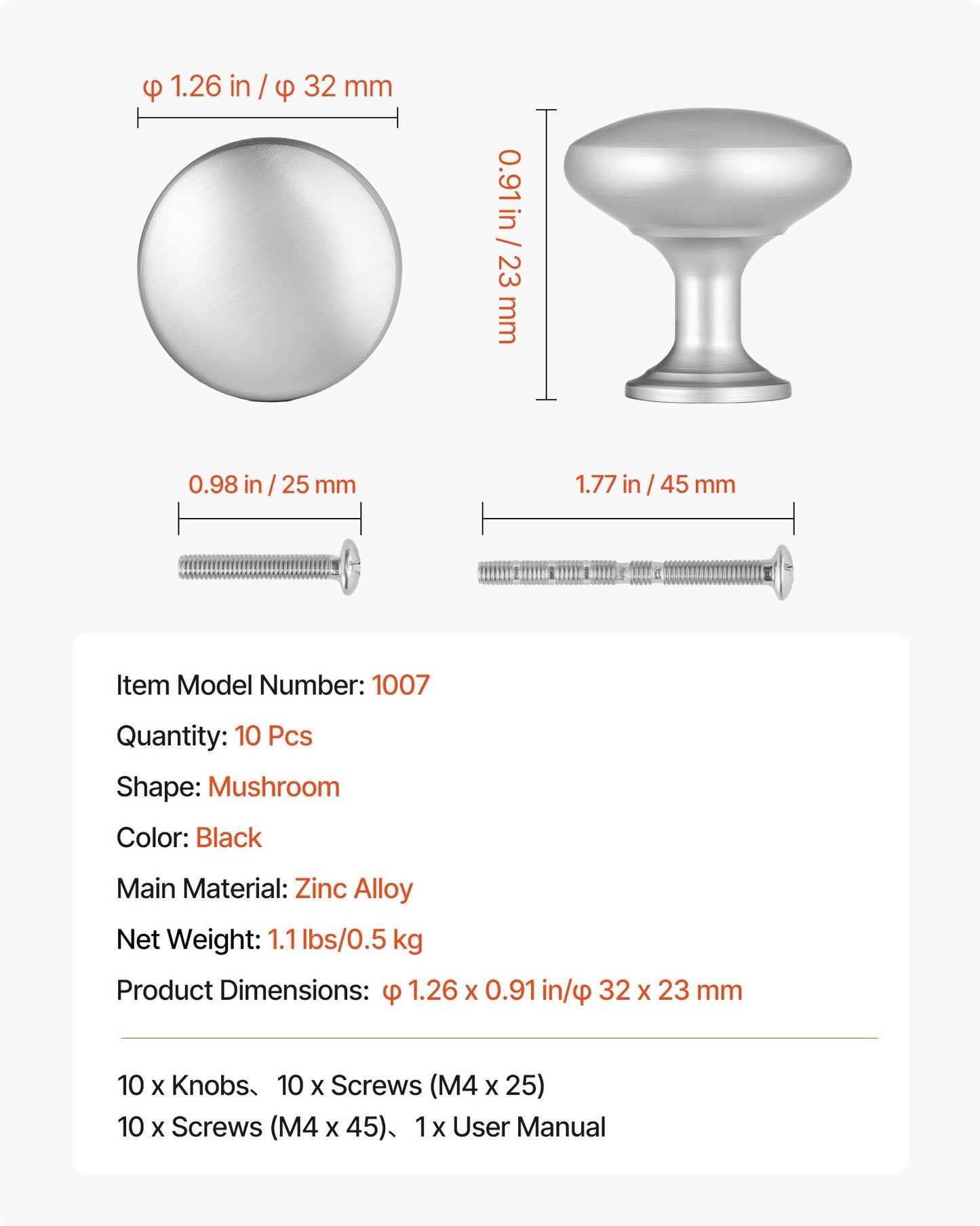 Cabinet Knobs, 25 Pack, 1.1 Inch Zinc Alloy Drawer Pulls & Door Handles, Mushroom Kitchen Dresser Solid Knobs, Cupboard Hardware with Screws for Bathroom Closet Cabinets Drawers, Nickel Color