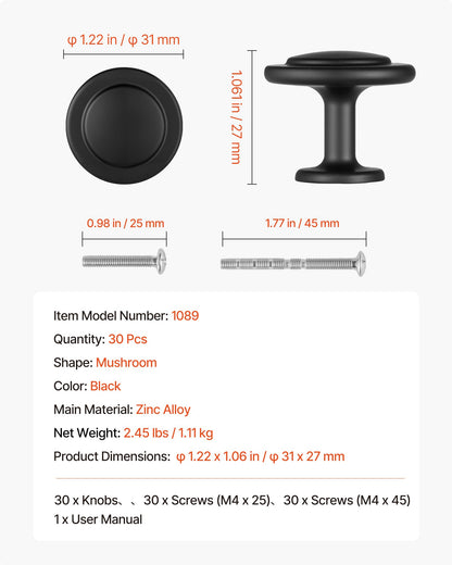 Cabinet Knobs, 30 Pack, 1.22 Inch Black Zinc Alloy Drawer Pulls & Door Handles, Mushroom Kitchen Solid Knobs Dresser Handles, Cupboard Hardware with Screws for Bathroom Closet Cabinets Drawers