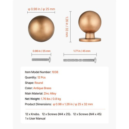Skåpknoppar, 12-pack, 25 mm lådhandtag i zinklegering, runda kökshandtag, massiva knoppar, skåpbeslag med skruvar för badrumsskåp, lådor, antikmässing |  EU