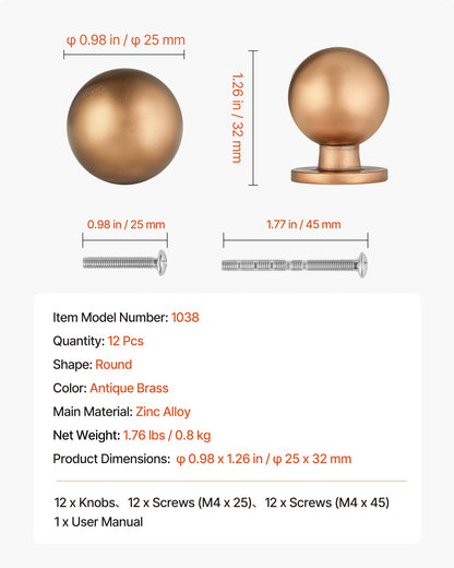 Cabinet Knobs, 12 Pack, 0.98 Inch Zinc Alloy Drawer Pulls Door Handles, Round Kitchen Dresser Solid Knobs Cupboard Hardware with Screws for Bathroom Closet Cabinets Drawers, Antique Brass Color