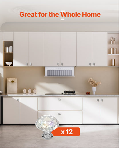 Cabinet Knobs, 12 Pack, 1.22 Inch Acrylic & Zinc Alloy Drawer Pulls Door Handles, Diamond Kitchen Solid Knobs Dresser Handles, Cupboard Hardware with Screws for Bathroom Closet Cabinets Drawers