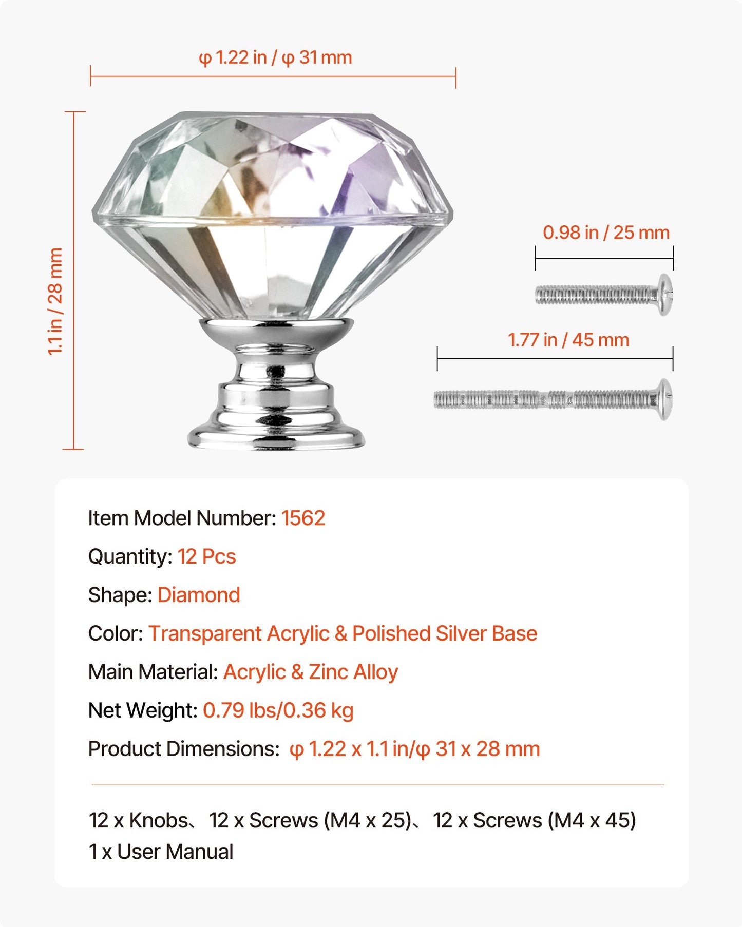 Cabinet Knobs, 12 Pack, 1.22 Inch Acrylic & Zinc Alloy Drawer Pulls Door Handles, Diamond Kitchen Solid Knobs Dresser Handles, Cupboard Hardware with Screws for Bathroom Closet Cabinets Drawers