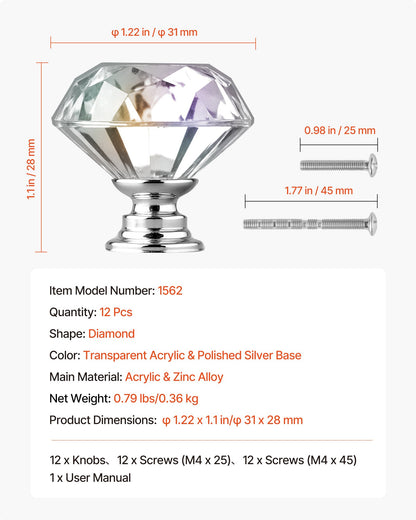 Cabinet Knobs, 12 Pack, 1.22 Inch Acrylic & Zinc Alloy Drawer Pulls Door Handles, Diamond Kitchen Solid Knobs Dresser Handles, Cupboard Hardware with Screws for Bathroom Closet Cabinets Drawers