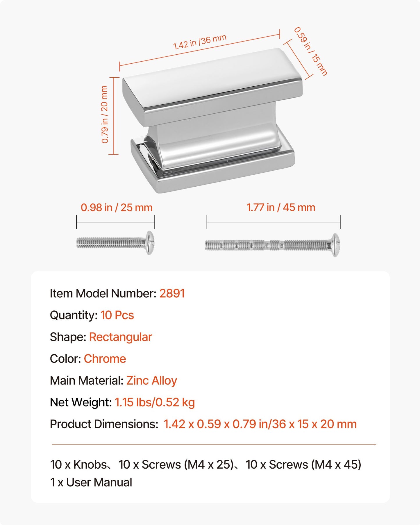 Cabinet Knobs, 10 Pack, 1.42 Inch Zinc Alloy Drawer Pulls Door Handles, Rectangular Kitchen Dresser Solid Knobs, Cupboard Hardware with Screws for Bathroom Closet Cabinets Drawers, Chrome Color