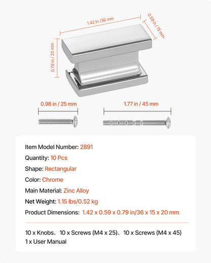 Cabinet Knobs, 10 Pack, 1.42 Inch Zinc Alloy Drawer Pulls Door Handles, Rectangular Kitchen Dresser Solid Knobs, Cupboard Hardware with Screws for Bathroom Closet Cabinets Drawers, Chrome Color