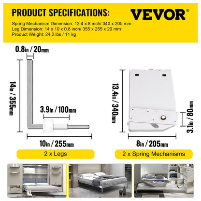 Murphy Montage-Wandfedermechanismus, robuster Stützbeschlag, DIY-Kit für Kingsize-Queensize-Bett (vertikal), weiß