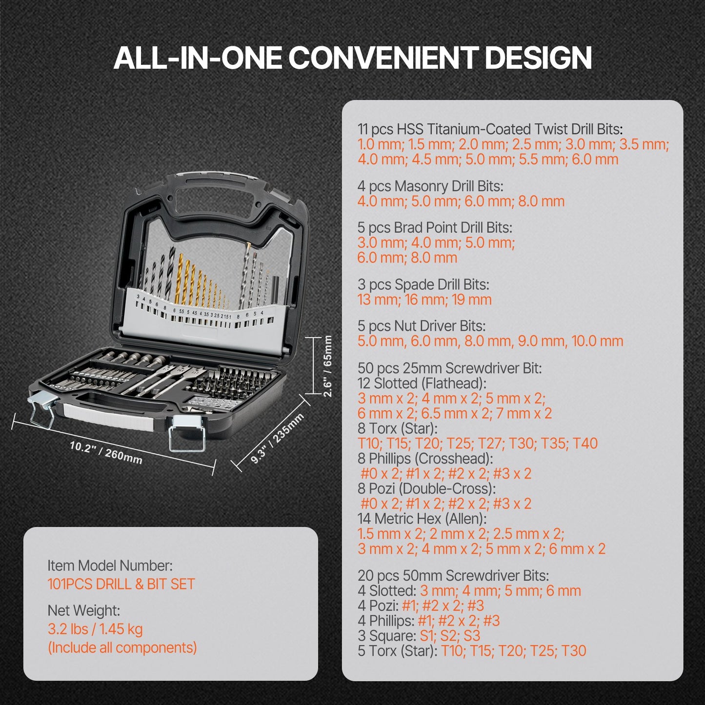 Drill Bit Set, 101 Pieces Drill and Driver Bit Set, Screwdriver Bit Set Suitable for Wood Metal Cement Drilling and Screw Driving, Drill Bit Sets Combo Kit Assorted in Organized Carrying Case