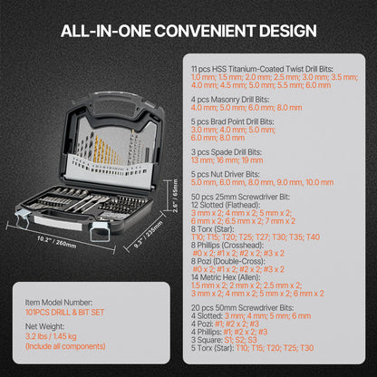 Drill Bit Set, 101 Pieces Drill and Driver Bit Set, Screwdriver Bit Set Suitable for Wood Metal Cement Drilling and Screw Driving, Drill Bit Sets Combo Kit Assorted in Organized Carrying Case