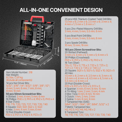 Drill Bit Set, 318 Pieces Drill and Driver Bit Set, Screwdriver Bit Set Suitable for Wood Metal Cement Drilling and Screw Driving, Drill Bit Sets Combo Kit Assorted in Organized Carrying Case