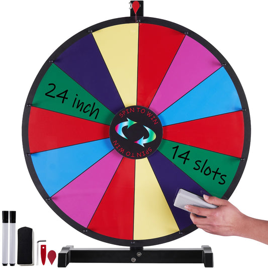 24 Inch Spinning Prize Wheel, 14 Slots Table Spinner, Heavy Duty Roulette Wheel with Dry Erase and 2 Markers, Win Fortune Spin Game in Party Pub Trade Show Carnival