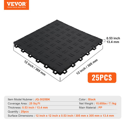 Garage Tiles Interlocking, 12 x 12 x 0.53 inch 25 Pack Garage Floor Covering Tiles, Non-Slip Double-Sided Texture Garage Flooring Tiles, for Garages, Basements, Repair Shops, Black