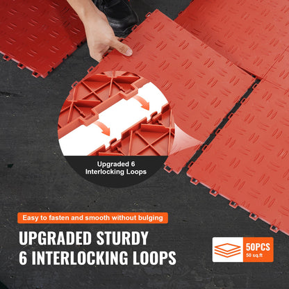 Garage Tiles Interlocking, 12 x 12 x 0.53 Inch 50-Pack Garage Floor Tiles, Non-Slip Double-Sided Texture Garage Floor Tiles, for Garages, Basements, Repair Shops, Red