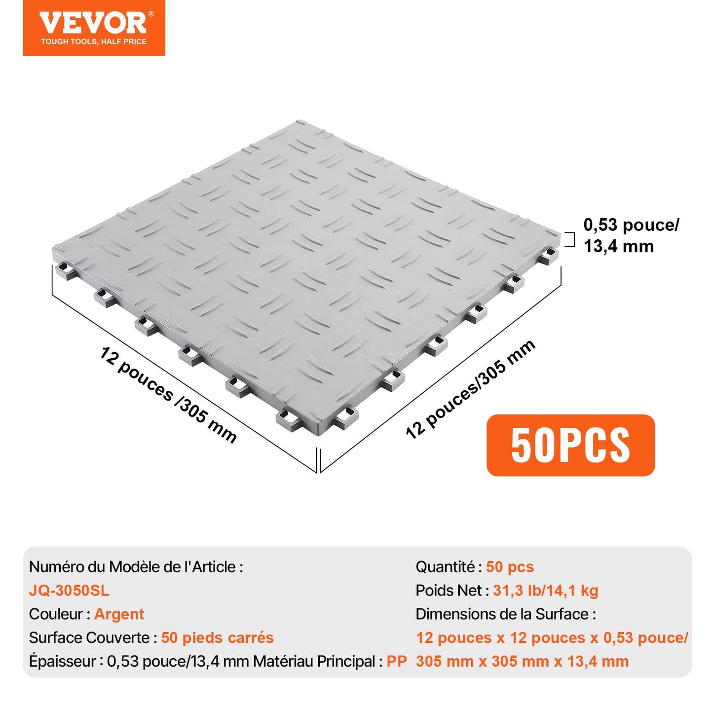 Garage Tiles Interlocking, 12 x 12 x 0.53 inch 50 Pack Garage Floor Covering Tiles, Non-Slip Double-Sided Texture Garage Flooring Tiles, for Garages, Basements, Repair Shops, Silver
