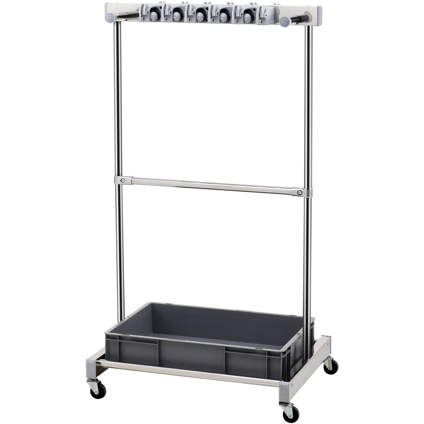 Trädgårdsredskapsarrangör, 10 platser med krokar, gårdsredskapstornställ med hjul för garageorganisation och förvaring, Hålla långskaftet verktyg/krata/kvast, metallverktygsställ för skjul, utomhus