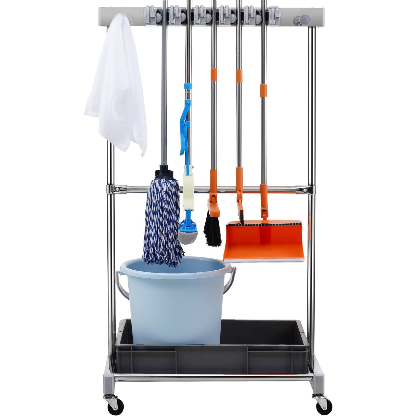 Trädgårdsredskapsarrangör, 10 platser med krokar, gårdsredskapstornställ med hjul för garageorganisation och förvaring, Hålla långskaftet verktyg/krata/kvast, metallverktygsställ för skjul, utomhus