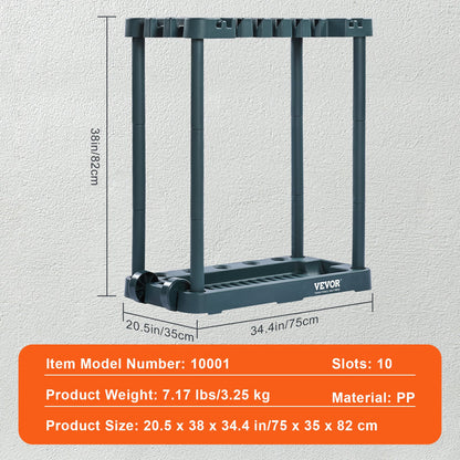 Trädgårdsredskapsarrangör, 10 platser, Trädgårdsredskapstornställ för garageorganisation och förvaring, Hålla långhandtaget verktyg/krata/kvast/skyffel, PP Trädgårdsredskapshållare Organizer för trädgård, skjul, utomhus