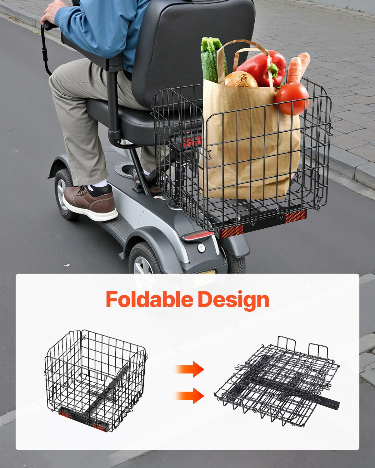 Scooter Rear Basket, Folding Metal Wire Basket, Heavy Duty & Spacious Cargo Basket, Works with 1-inch Receiver, Compatible with Most Golden, Drive & Pride Mobility Scooter