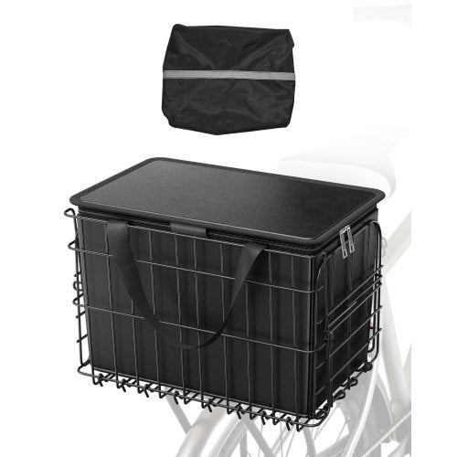 Rear Bike Basket, Folding Wire Bicycle Basket with Cargo Net, Removable Liner Bag & Waterproof Cover, Quick Release Design Bike Basket for Adult Women/Men Carrying Dogs Pets Fruit & Grocery