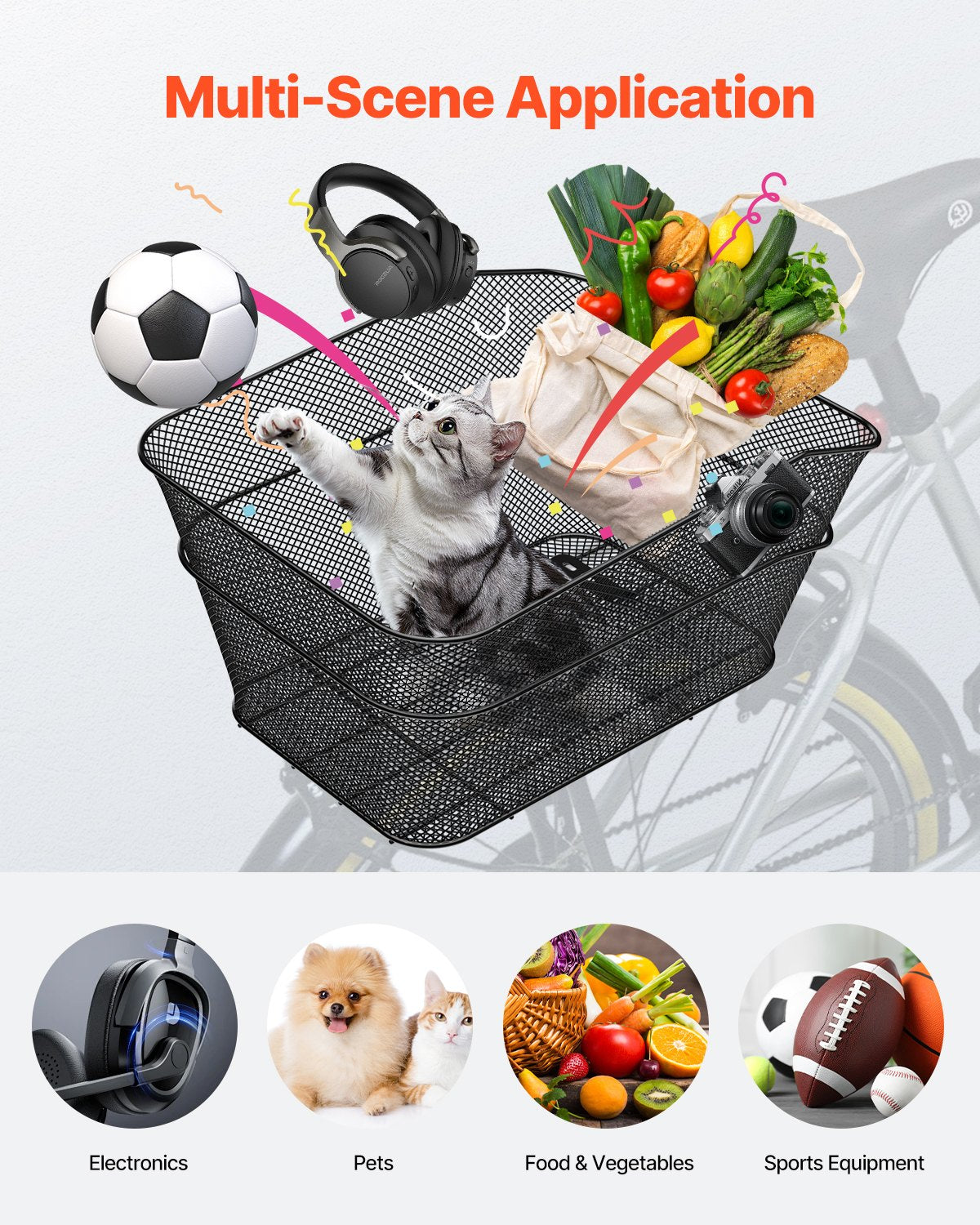 Rear Bike Basket, Wire Mesh Bicycle Basket with Cargo Net & Waterproof Cover, Durable Metal Bike Back Basket, Fits Most Rear Bike Racks, Mounting Tools Included