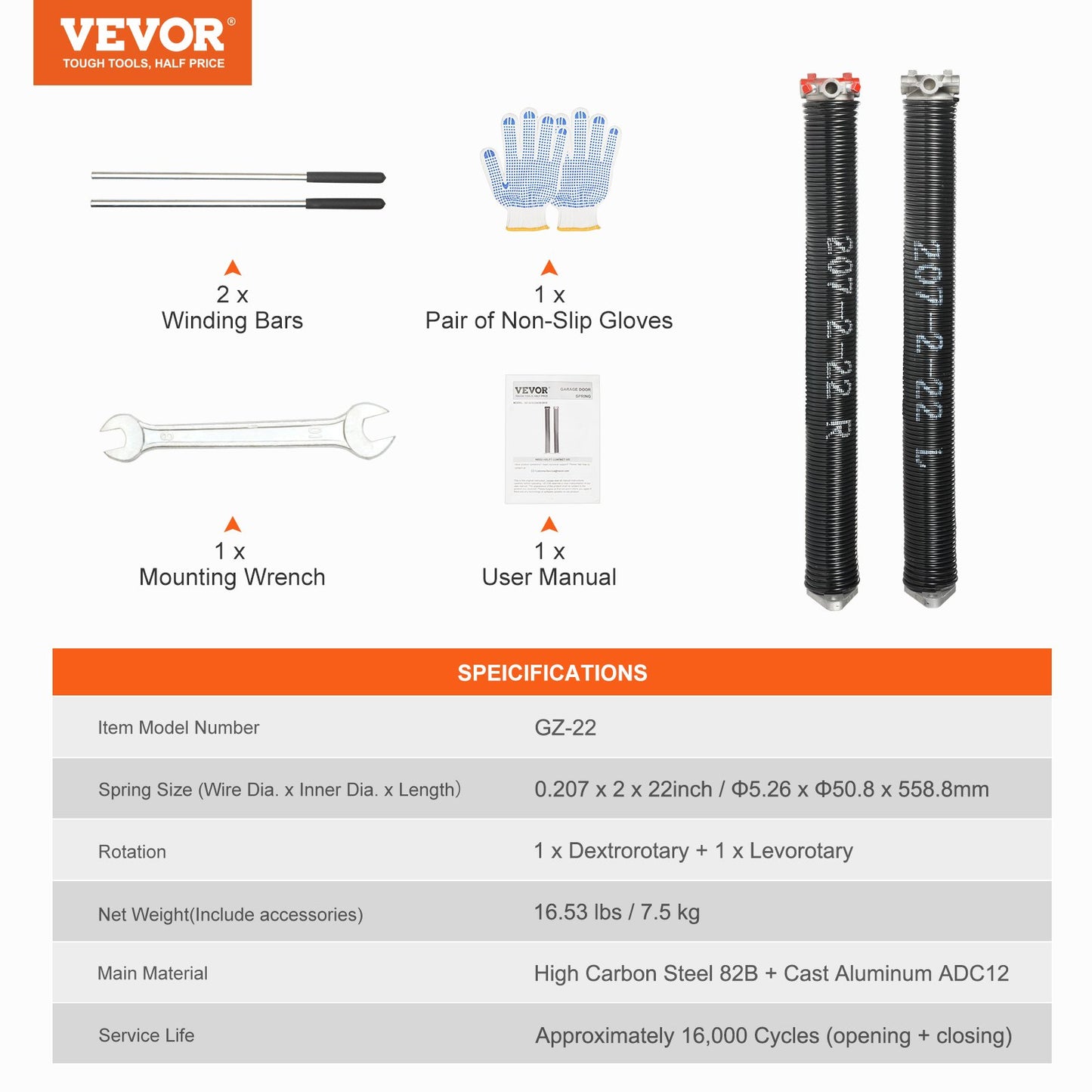 Garage Door Torsion Springs, Pair of 0.207 x 2 x 22inch, 16000 Cycles, Garage Door Springs with Non-Slip Winding Bars, Gloves and Mounting Wrench, Electrophoresis Coated for Replacement