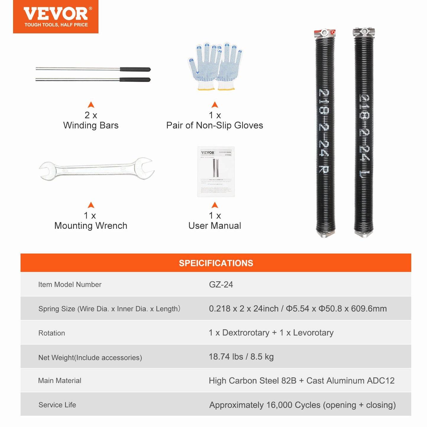 Garage Door Torsion Springs, Pair of 0.218 x 2 x 24inch, Garage Door Springs with Non-Slip Winding Bars, 16000 Cycles, Gloves and Mounting Wrench, Electrophoresis Coated for Replacement