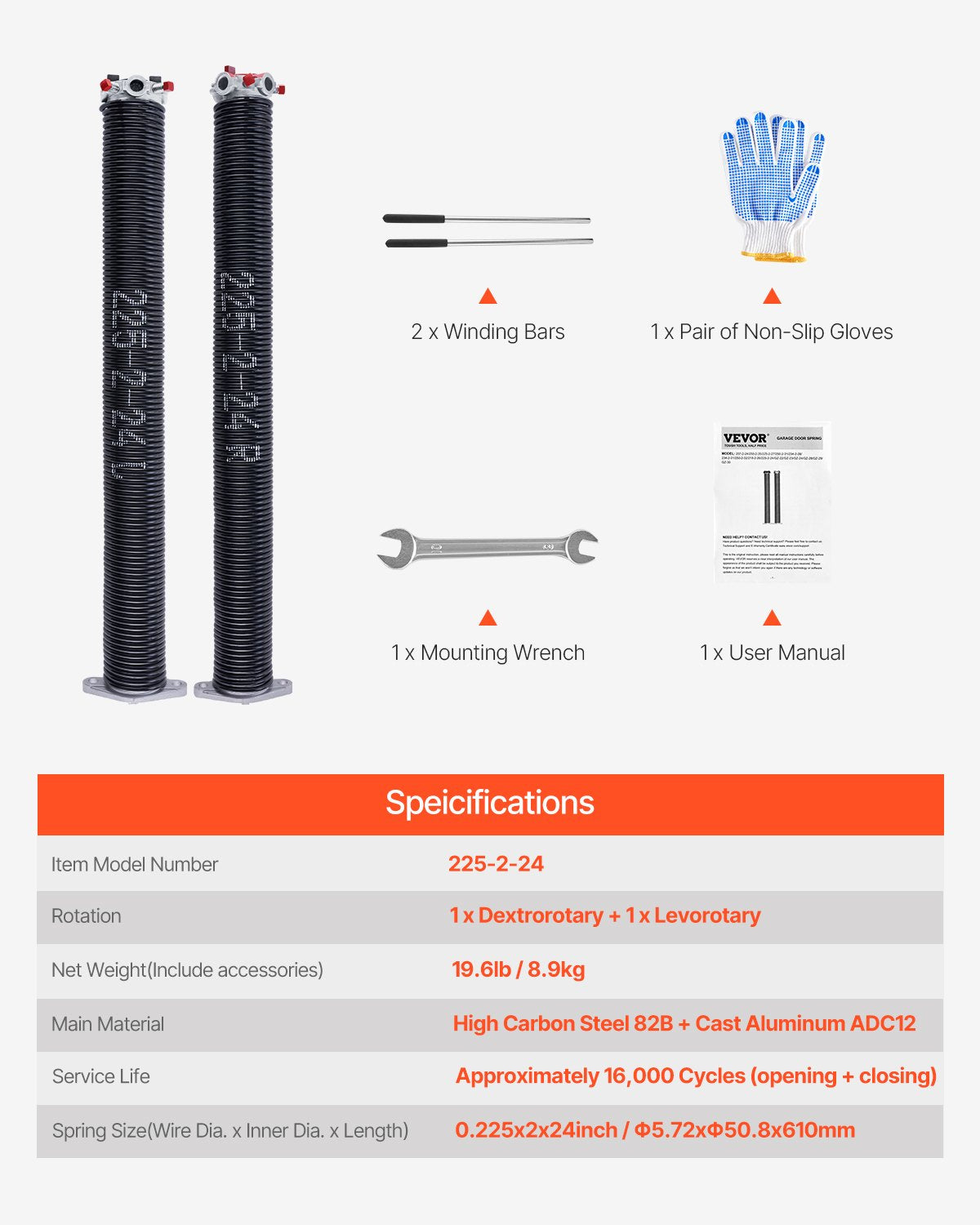 Garage Door Torsion Springs, Pair of 0.225 x 2 x 24 in, 16000 Cycles, Electrophoresis Black Coated for Replacement, Garage Door Springs with Non-Slip Winding Bars, Gloves and Mounting Wrench