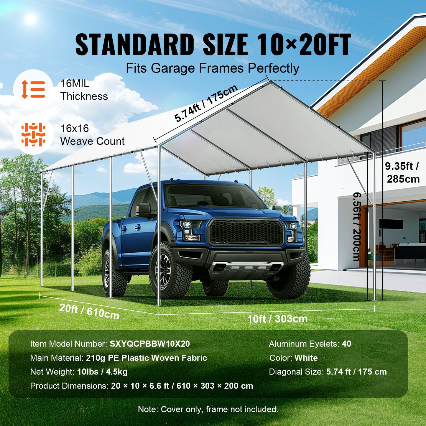10 x 20 ft Carport Replacement Canopy Cover, Garage Top Tent Shelter Tarp Heavy-Duty Waterproof & UV Protected, Easy Installation with 40 Ball Bungeess (Only Top Cover, Frame Not Include), White