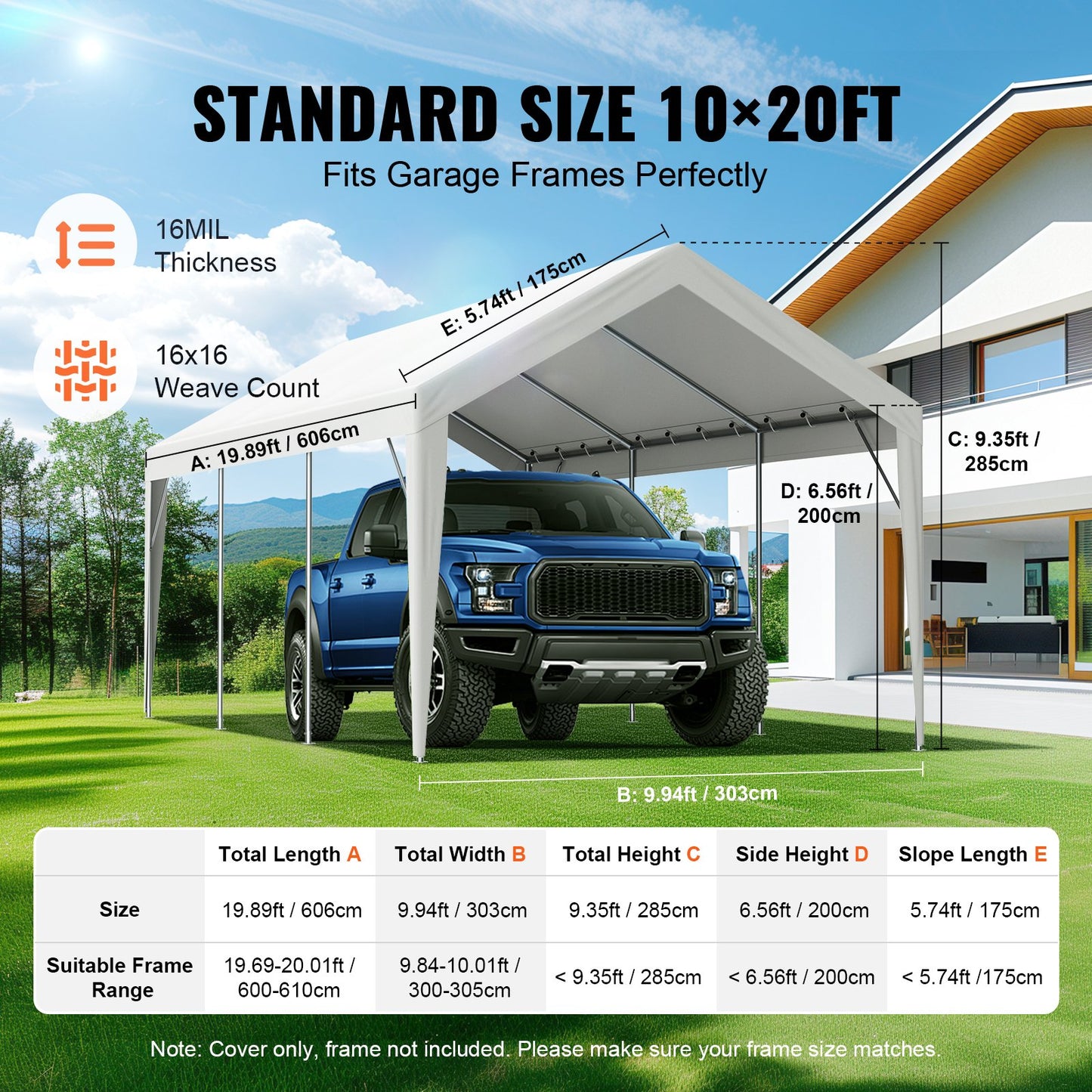 Carport Replacement Canopy Cover 10 x 20 ft, Garage Top Tent Shelter Tarp Heavy-Duty Waterproof & UV Protected, Easy Installation with Ball Bungees,White (Only Top Cover, Frame Not Include)
