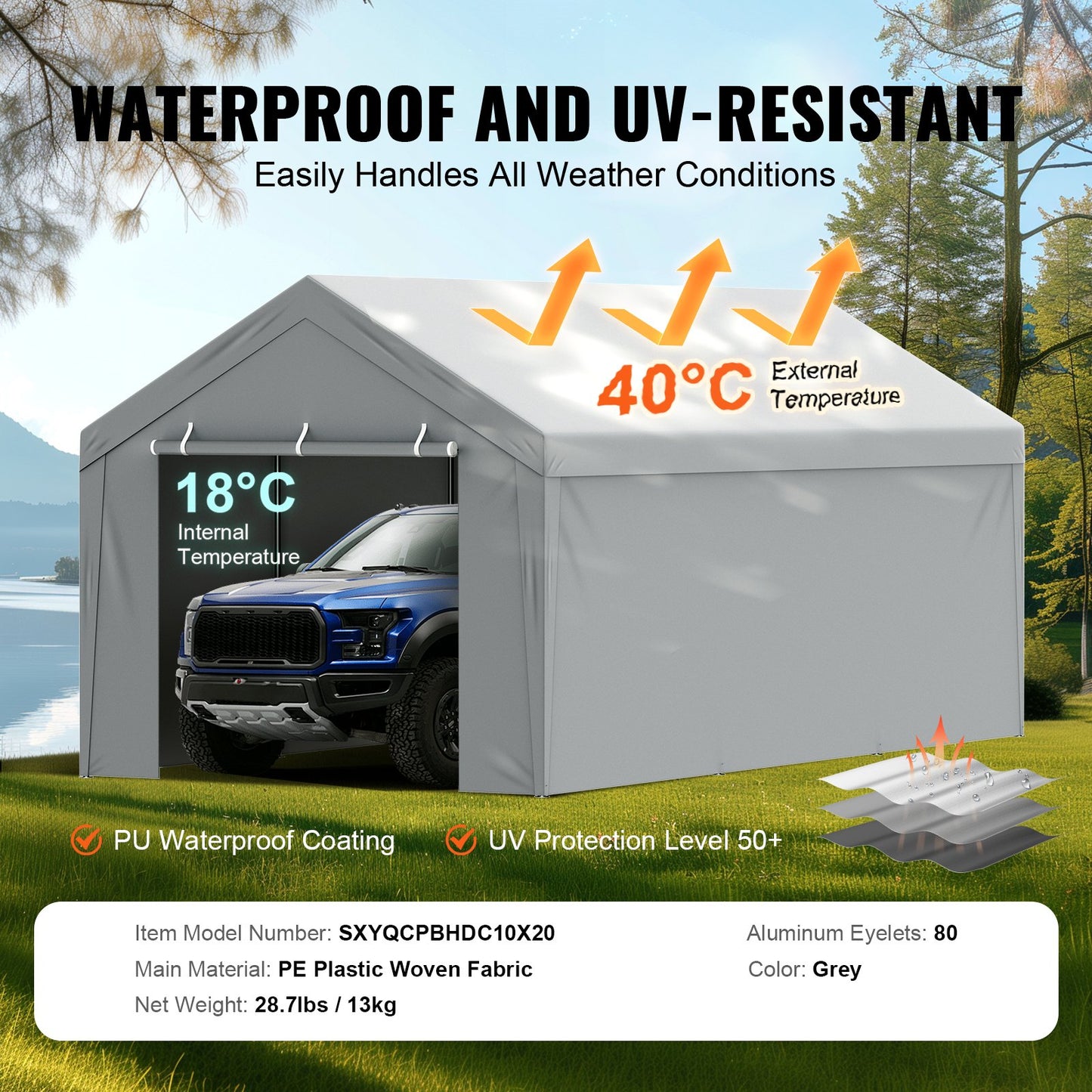 Carport Replacement canopy cover + side wall 6000 x 3000 mm, garage tent protection tarpaulin Heavy duty waterproof &amp; UV protected, easy installation with ball pants, white (frame not included)