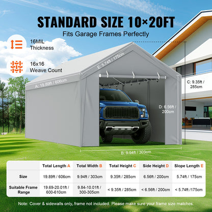 Carport Replacement canopy cover + side wall 6000 x 3000 mm, garage tent protection tarpaulin Heavy duty waterproof &amp; UV protected, easy installation with ball pants, white (frame not included)