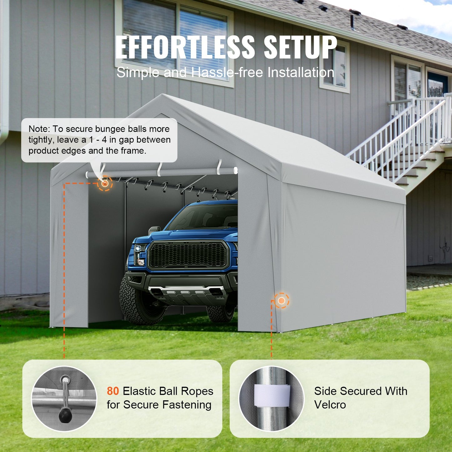 Carport Replacement canopy cover + side wall 6000 x 3000 mm, garage tent protection tarpaulin Heavy duty waterproof &amp; UV protected, easy installation with ball pants, white (frame not included)
