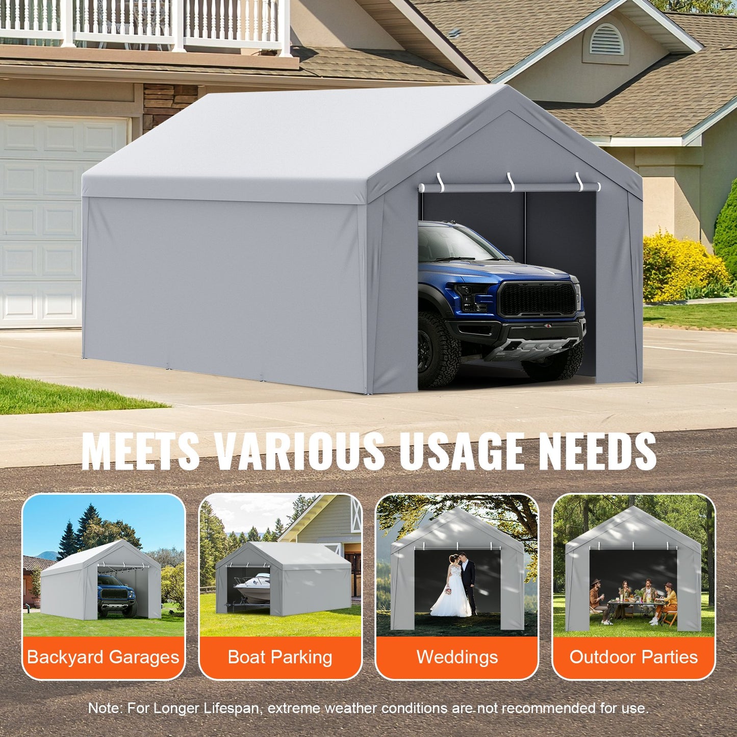 Carport Replacement canopy cover + side wall 6000 x 3000 mm, garage tent protection tarpaulin Heavy duty waterproof &amp; UV protected, easy installation with ball pants, white (frame not included)