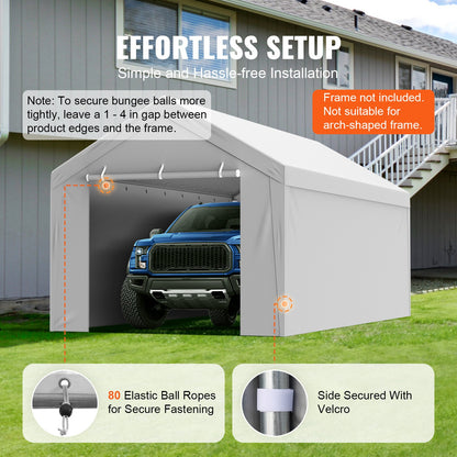 Carport Replacement Canopy Cover Top + Side Wall 10 x 20 ft, Garage Tent Shelter Tarp Heavy-Duty Waterproof & UV Protected, Easy Installation with Ball Bungees,Grey (Frame Not Included)