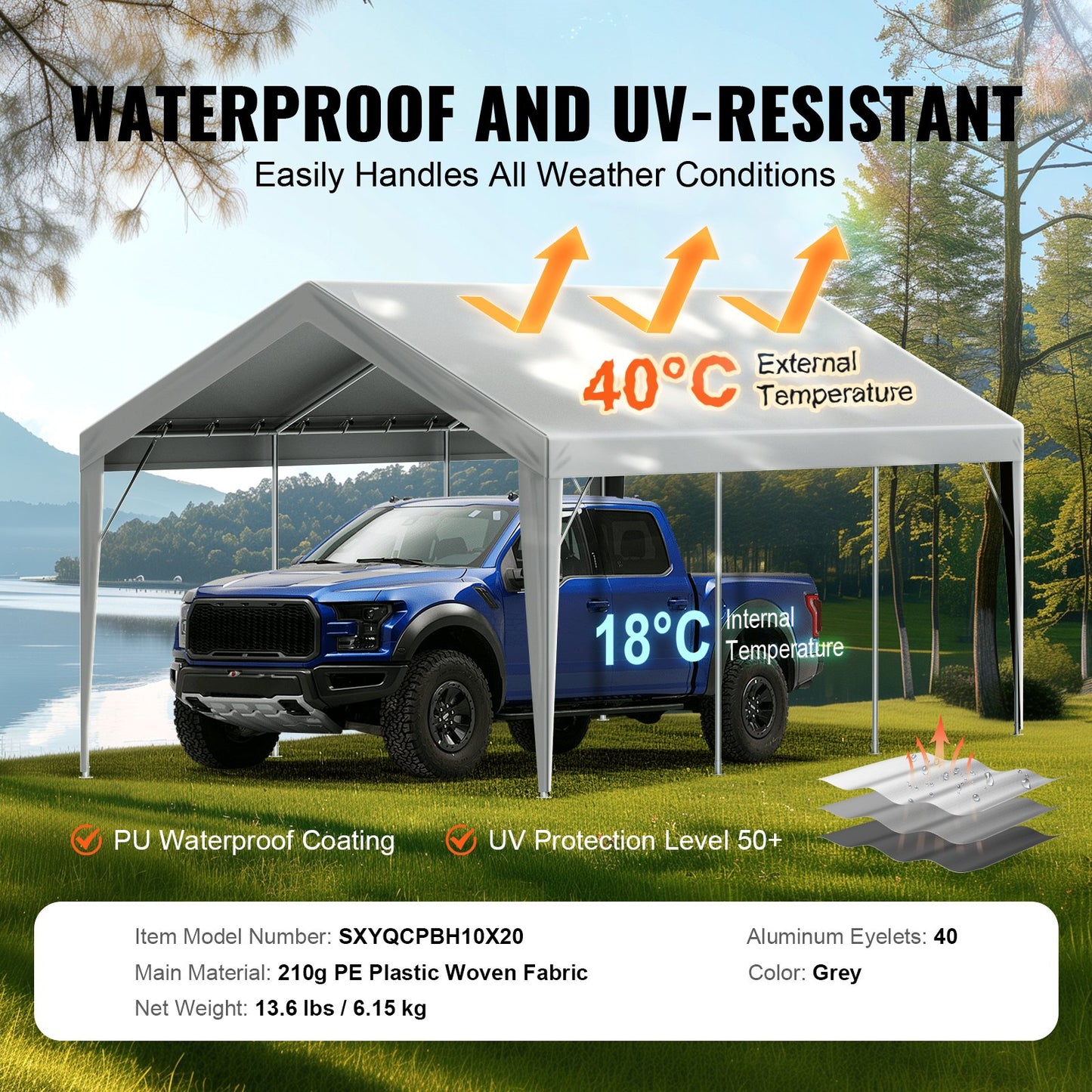 Carport Replacement Canopy Cover 10 x 20 ft, Garage Top Tent Shelter Tarp Heavy-Duty Waterproof & UV Protected, Easy Installation with Ball Bungees,Grey (Only Top Cover, Frame Not Include)