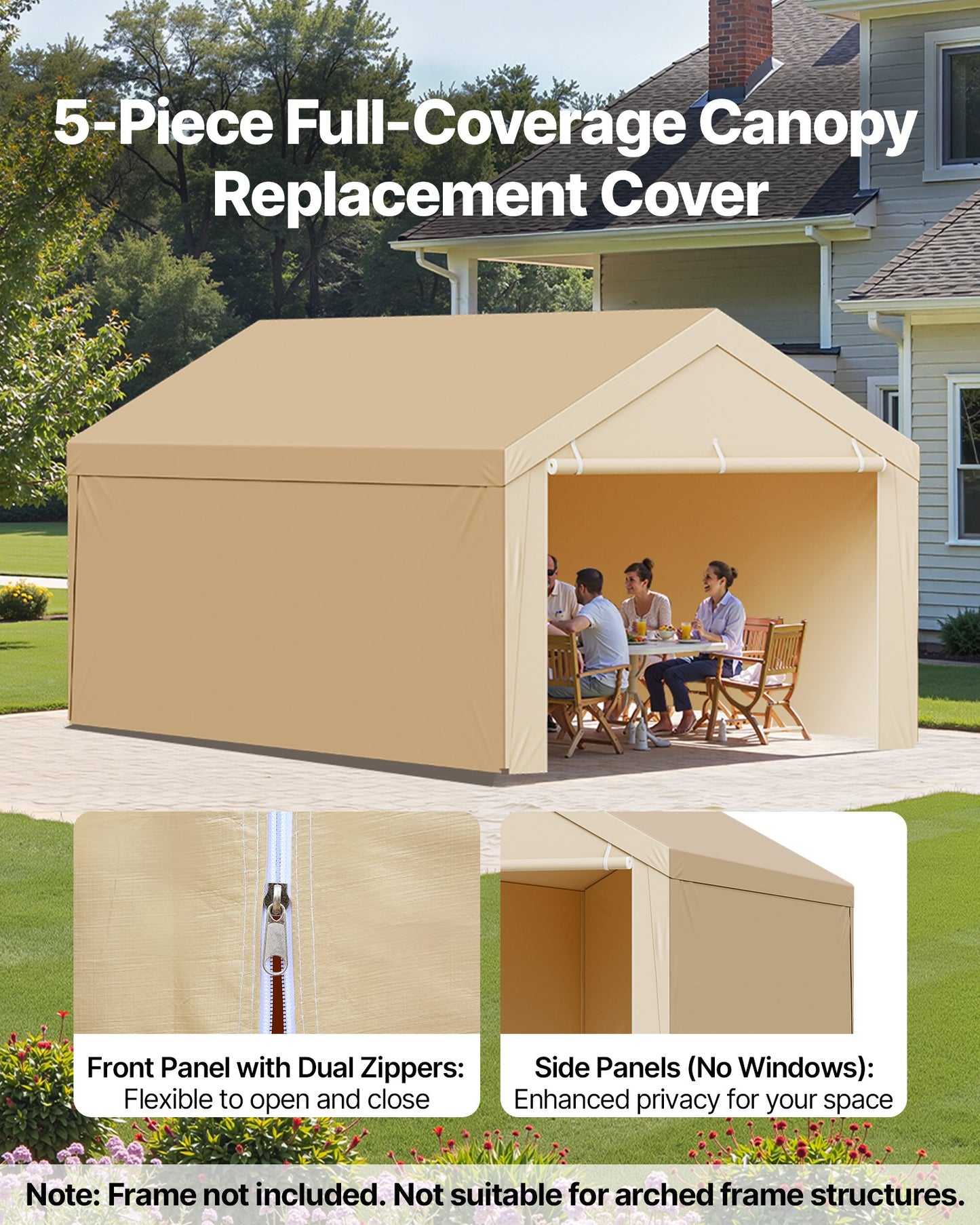 Carport Replacement Canopy, 10 x 20 ft Potable Garage Tent Top Tarp with Sidewalls, UV-Resistant & Waterproof, Heavy Duty Car Shelter Tarp with Ball Buggees, Beige, Frame Not Included