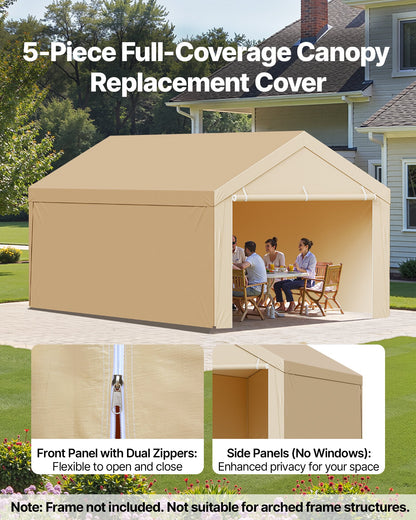 Carport Replacement Canopy, 10 x 20 ft Potable Garage Tent Top Tarp with Sidewalls, UV-Resistant & Waterproof, Heavy Duty Car Shelter Tarp with Ball Buggees, Beige, Frame Not Included